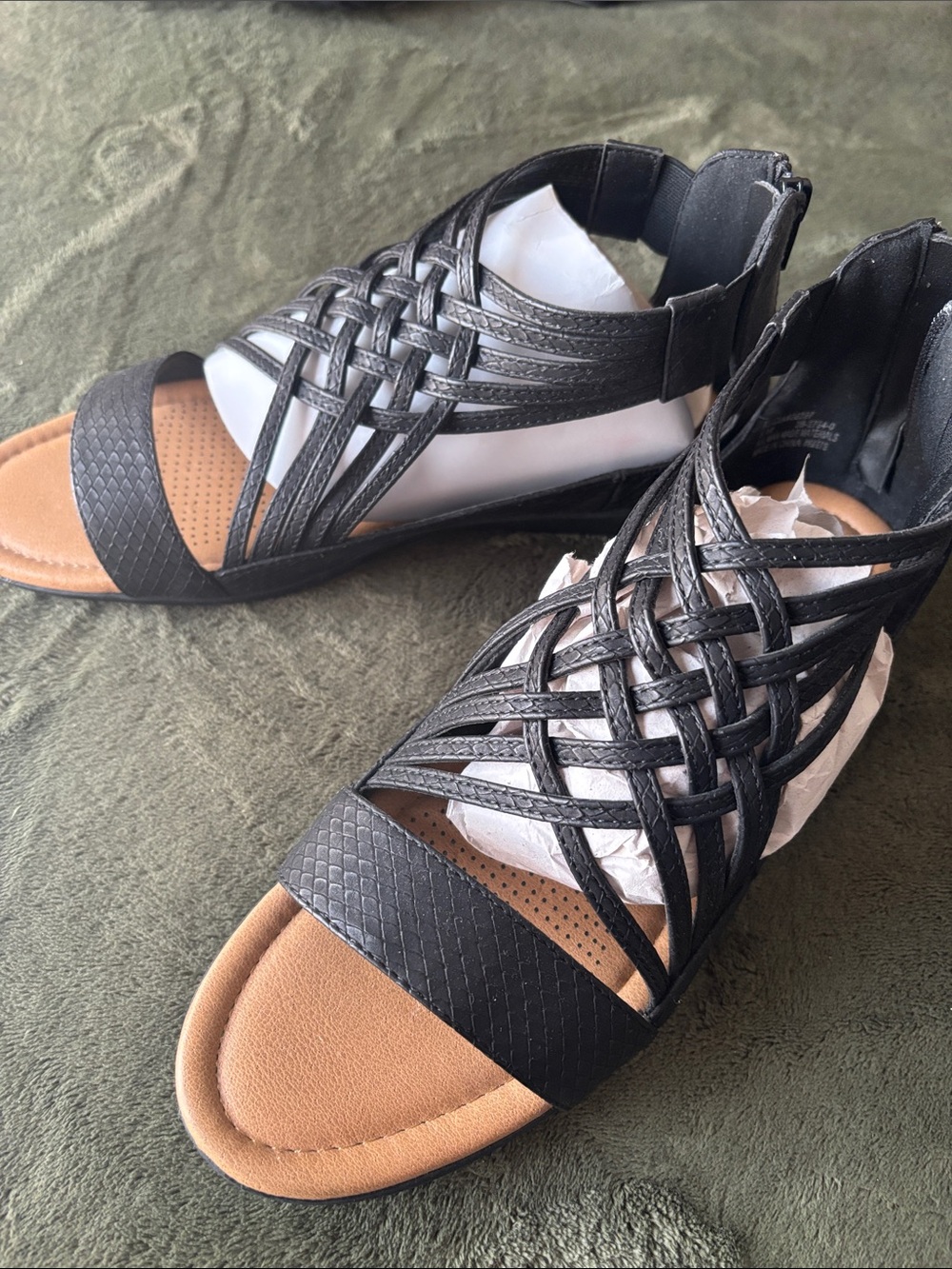 comfortview Black Woven Strappy Sandals with Tan Footbed